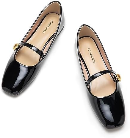C.Paravano Women's Mary Jane Flats | Comfortable Square Toe Ballet Flats | Mary Jane Shoes with Strap | Casual Dressy Flat Black Shoes for Work Party or Date Nights (Size 9.5,Black) - Main Image