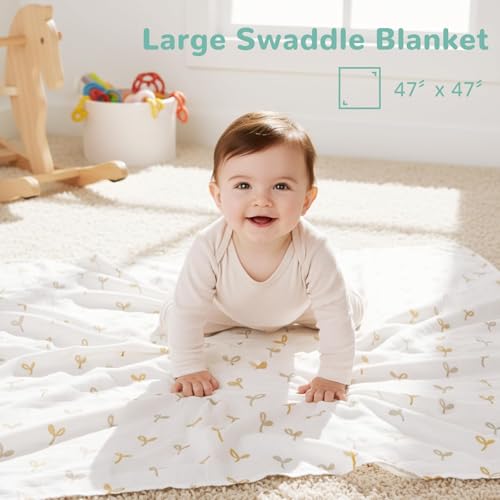 Image of HECCEI 3-Pack Muslin Baby Swaddle Blanket Bamboo Cotton 47 x 47 Inches | Soft Breathable Receiving Blanket Swaddles for Newborn Registry Gift for Baby Showers
