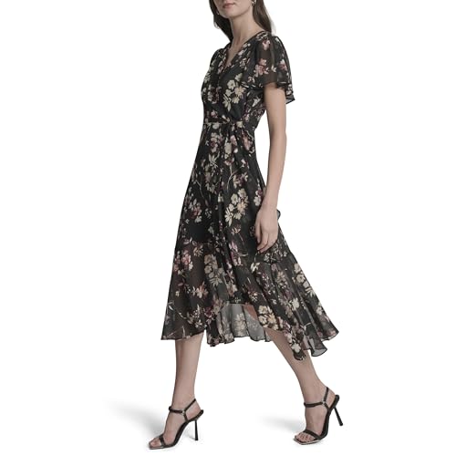 DKNY Women's Cap Sleeve Surplice Neck Side Tie Faux Wrap Midi Dress3