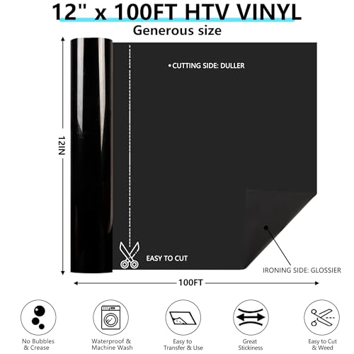 Image of Guangyintong Black HTV Heat Transfer Vinyl Rolls, 12 inch X 100ft Iron on Vinyl PVC Adhesive for T-Shirt, Easy to Cut & Weed for DIY Design