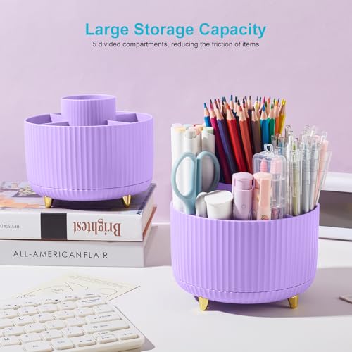 Image of 360 Rotating Plastic Desk Pen Organizer with 5 Slots, Dual-Purpose Art Supply Pencil Cup for Office, School, Home Light Purple