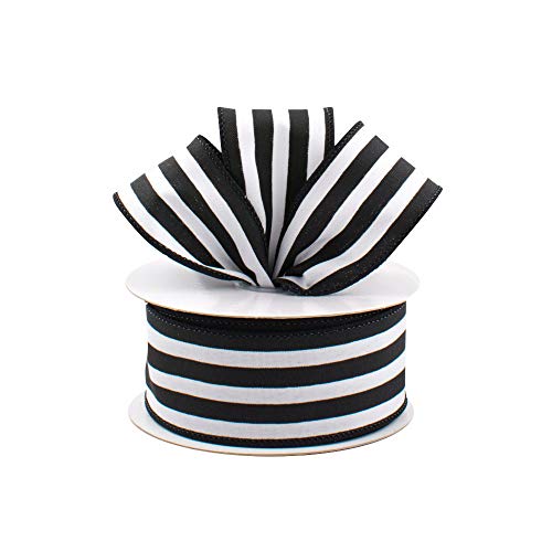 Image of Black White Striped Satin Ribbon - 1 1 /2 inch x 10 Yards, Wired Edge, Christmas, Wreath, Tree Decoration, Garland, Gift Wrapping, Halloween