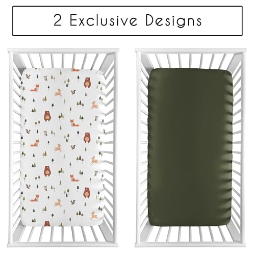 Image of Sweet Jojo Designs 2-Piece Baby Crib Sheets Set (Woodland Animals) for Girls & Boys, Infant Nursery, Toddler Room - Fitted, Standard Size (Solid Green and Watercolor, Forest Animal Friend, Brown Bear)