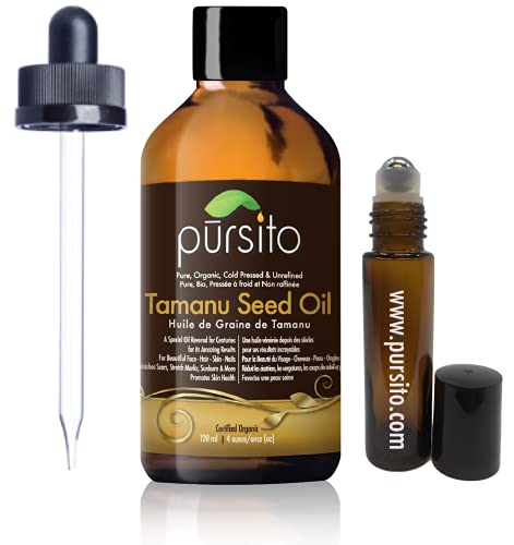 Organic Tamanu Seed Oil & Roller, Cold Pressed & Unrefined For Skin, Nails, Face & Hair by Pursito 4 Ounce, Foraha Nut Seed Oil, Certified Organic