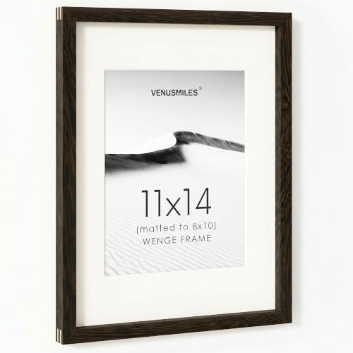 Image of 11x14 Picture Frame, USA-Sourced Natural Wenge Wood Photo Collage Frame with HD Tempered Glass, Modern Simple 11 x 14 Wooden Frame Matted to 8x10, Vertical & Horizontal Wall Hanging Display