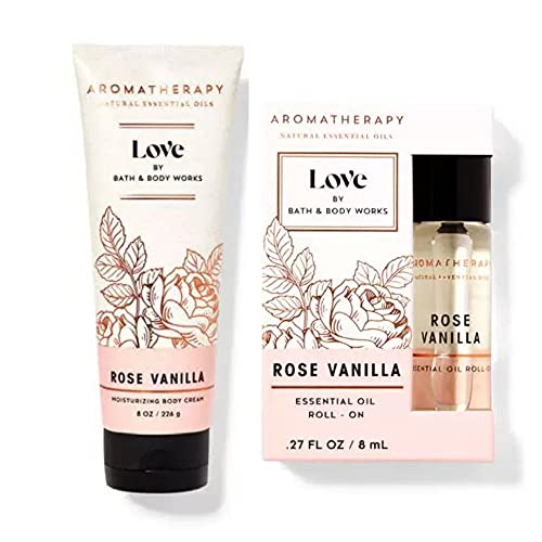 Bath and Body Works Aromatherapy LOVE Rose Vanilla Body Cream Rose Vanilla Essential Oil Roll On Set