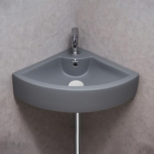 Image of REMANENCE Ceramic Wall Hung Corner Wash Basin for Bathroom | Wall Mounted Corner Sink (20.4 x 15 x 6 Inch) (Grey)