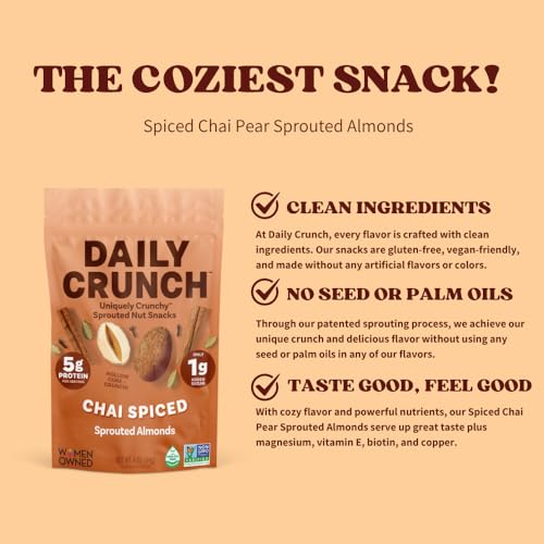 Image of Daily Crunch Sprouted Almonds and Dehydrated nuts for a Unique Crunch, Keto Friendly, Non-GMO Zero Seed Oils, Gluten Free 4oz (2 Pack, Spiced Chai Pear)