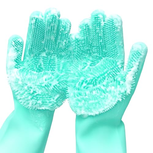 Image of Silicone Dishwashing Gloves with Built-In Scrubber | Reusable Cleaning Gloves for Kitchen & Household Use | Heat Resistant Hand Gloves for Washing Dishes & Plate Cleaning (Green, 1 Pair)