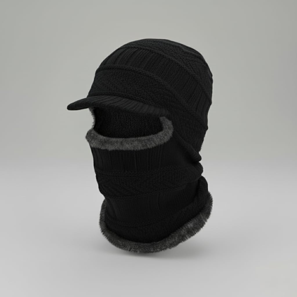 ecurfu Winter Woolen Cap Set for Men Women, Knitted Balaclava Beanie with Neck Warmer & Face Cover Windproof Thermal Cap for Cold Weather, Bike Riding & Travel (in, Alpha, Free Size, Black)-picture-32