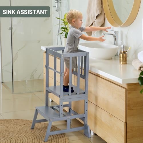 Image of COSYLAND Toddler Standing Tower - Adjustable Height Toddler Kitchen Stool Helper - Kids Kitchen Step Stool for Learning with Removable Safety Railing Ash Gray