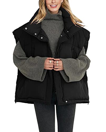 Veatzaer Womens Oversized Puffer Vest Outerwear Stand Collar Drawstring Hem Sleeveless Jackets Zip Warm Winter Coats2
