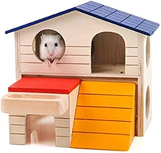 Ogquaton Dwarf Hamster House Durable Odorless Non-Toxic Deluxe Two Layers Wooden Hut for Hamster Toys Convenient and Practical