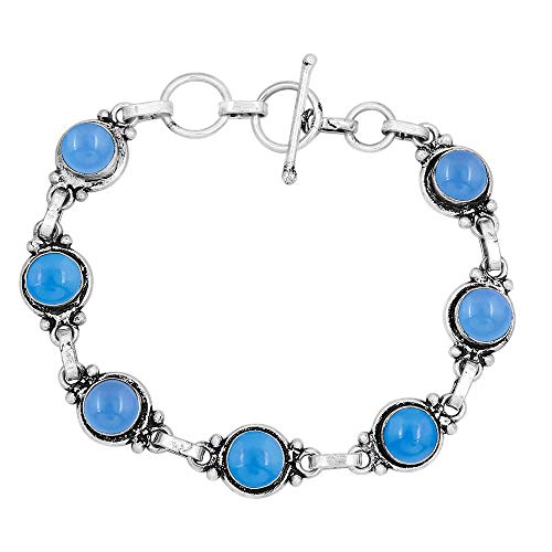 Natural Chalcedony 925 Silver Plated Round Gemstone Bracelet for Women
