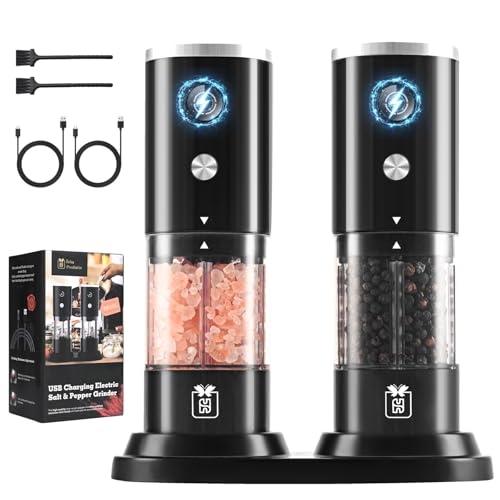Electric Salt and Pepper Grinder Set – USB Rechargeable Electric Mills with LED Light, Adjustable Coarseness, One-Handed Operation, 2-Pack, 117.5ML Large Capacity (Black)