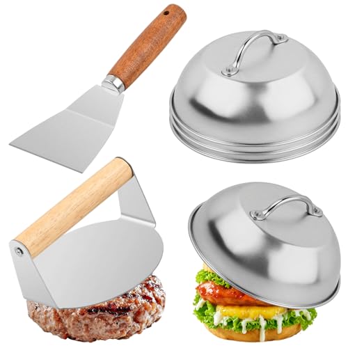 Set de 6 Pièces Smash Burger Press Kit,4 Cloches à Hamburger en Acier Inoxydable,1 Presse à Hamburger,1 Spatule Plancha,15x6,5 cm Cloche à Burger Cloche à...