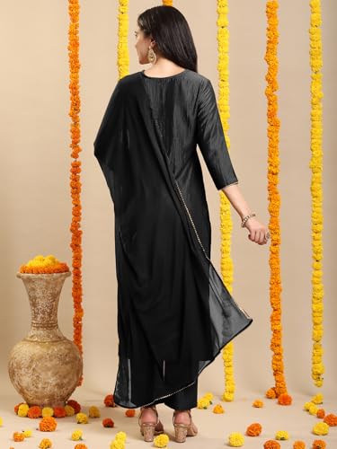 Image of GoSriKi Women's Rayon Viscose Embroidered Straight Kurta with Pant & Dupatta
