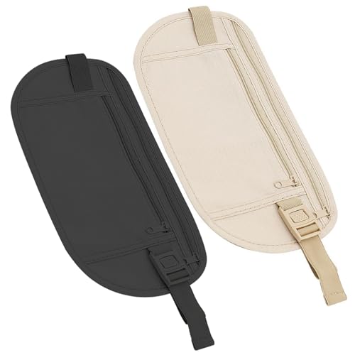 2 Piezas Cinturón de Dinero, Regulable Ultrafino Riñonera Interiores Viaje Cinturón de Viaje Riñonera de Seguridad Riñonera Deportiva con Protección RFID para Pasaportes Tarjetas Efectivo Negro Beige