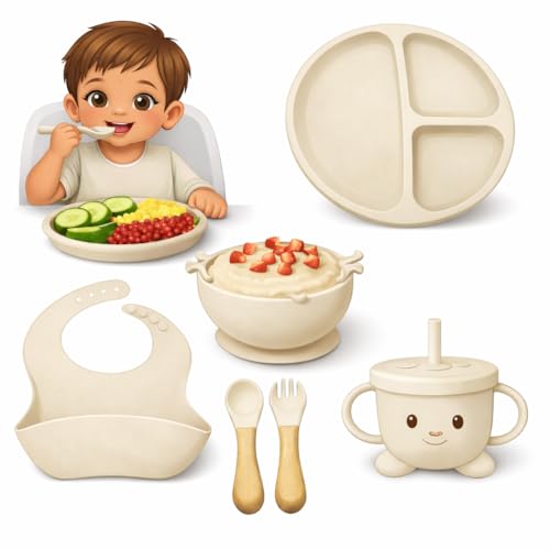 Image of SJC Global Silicone Baby Feeding Set Beige - 6 PCS Plate, Bowl, Spoon, Fork, Bib & Cup | Food‑Grade Silicone Tableware for Babies & Toddlers