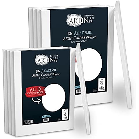 Artina FSC® Keilrahmen 10er Set Akademie 5x 40x50 cm & 5x 30x40 cm - Leinwand Set Maltuch aus 100% Baumwolle Leinwände 280 g/m² - Keilrahmenset Leinwand zum Bemalen für Acryl-, Aquarell-, Ölfarbe uvm Cover