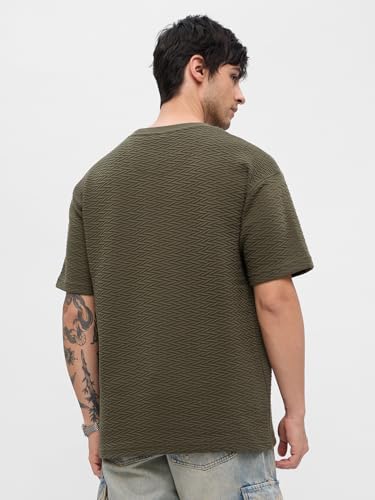 Image of The Souled Store Textured T-Shirt: Men and Boys Short Sleeves Round Neck Solid Cotton Blend Oversized T-Shirts