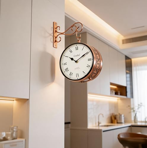 Image of CRAFTEL Double Sided Station Wall Clock Electroplated | Both Side Roman Numerals | Aluminum Matte-Finish Dial | Dial - 8 Inches, Rose Gold | 365 Days Warranty