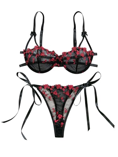 Image of Lilosy Sexy Tie Side Cute Underwire Push Up Strappy Embroidered Mesh Sheer Lingerie Set