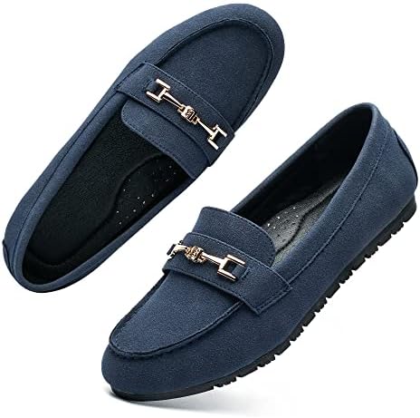 COOL COSER C Women's Wide Casual Comfort Loafers Slip on Flat Shoes Women's Penny Loafers with Arch Support Women Dressy Buckle Moccasions (Blue Wide,8)