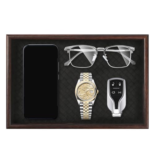 GREATRICH Vide Poche et Plateau Bijoux en Bois avec Base en Cuir, 30x20x3.5cm Organisateur Bijoux et Rangement Bijoux pour Clés, Portefeuille et Montre de Soleil,...
