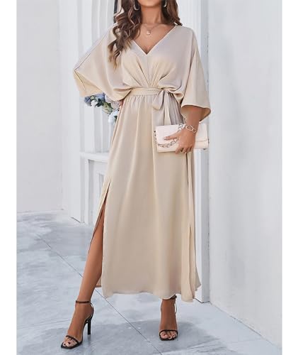 Image of SEMATOMALA Women's Satin Batwing Sleeve Cocktail Evening A Line Long Dress V Neck Ruched Loose Maxi Dress