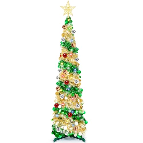 5 Ft Pop Up Tinsel Christmas Tree with Timer 60 Warm Multi Color Change Lights 25 Ball Ornaments 4 Modes 3D Star Battery Operated Artificial Xmas Tree Home Indoor Outdoor Decor (Green Gold)