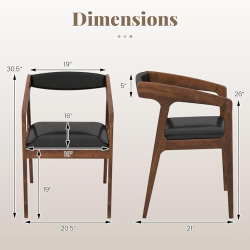 Image of COSTWAY Dining Chairs with Arms Set of 4, Mid Century Modern Wooden Accent Chairs with Faux Leather Seat & Padded Backrest, Kitchen Side Armchairs for Living Dining Reading Room, Brown & Black