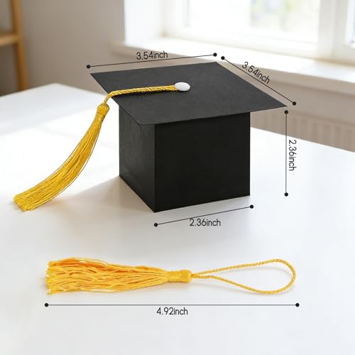 Image of 100Pcs Graduation Cap Gift Boxes, Graduation Candy Box with Graduation Stickers, Black Grad Cap Treat Cake Chocolate Biscuit Card Box Yellow Tassel, Graduation Decorations for Graduation Ceremony Party (100Pcs, Graduation Boxs with Graduation Stickers)