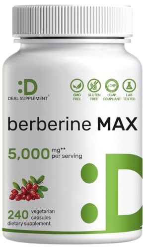 DEAL SUPPLEMENT Berberine Max Supplement with Turmeric 5000 mg** Per Serving 240 Vegetarian Capsules | Berberine HCl with Turmeric Root Extract | Non-GMO