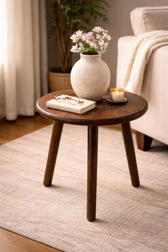Image of Wooden Three Legs Round Coffee Table and Side Table with Pillars for Plant Holder Natural Plants, Books, and Magazines in Compact Spaces (Pack of 2- Combo)