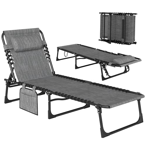 Outsunny Chaise Lounge Chair Outdoor, 5-Position Adjustable Sun Tanning Chair with Carrying Handle and Side Pocket, Folding Bed Cot with Removable Pillow for Garden, Beach, Patio, Pool, Camp, Gray
