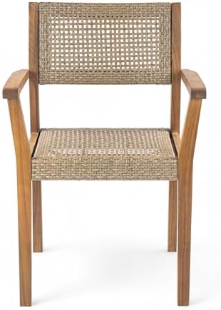 Christopher Knight Home Set of 2 Amaris Farmhouse Patio Garden Furntiure Acacia Wood Dining Chairs, Armchair for Indoor/Outdoor Dinner, Woven Wicker Accents, Poolside Kitchen Side Chair, Teak+Beige - Thumbnail 3