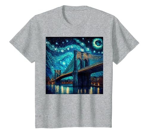 Brooklyn Bridge New York Starry Night T-Shirt, Youth, Heather Grey, 3T