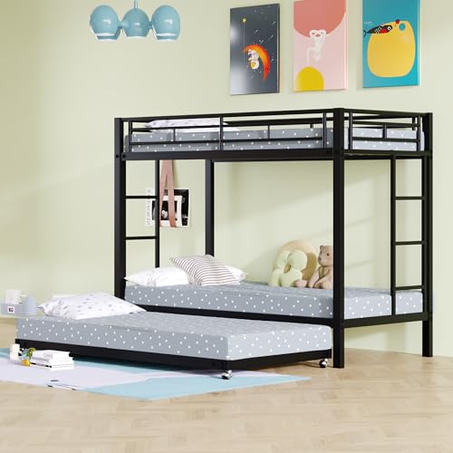 Azkoeesy Litera Infantil 90x200 cm con Cama Nido para 3 Adultos y niños, Metal, Color Negro