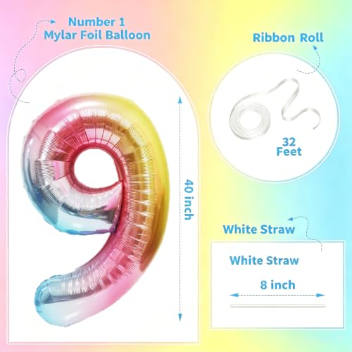 Image of Rainbow Number Balloons Birthday Balloons - Giant Number 9 Balloon 40 inch, Numbers Balloon Birthday Decorations, Rainbow Party Supplies for Baby Shower