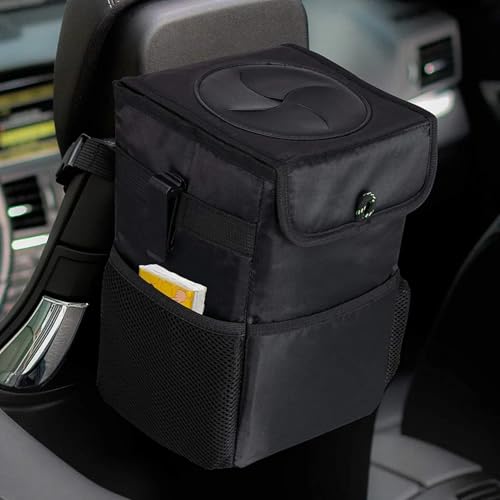 Image of Car Trash Can with Lid - Car Trash Bag Hanging Waterproof with Storage Pockets, Collapsible and Portable Multipurpose Trash Bin for Back /Front Seat /Console, 1.85 Gallons, Black