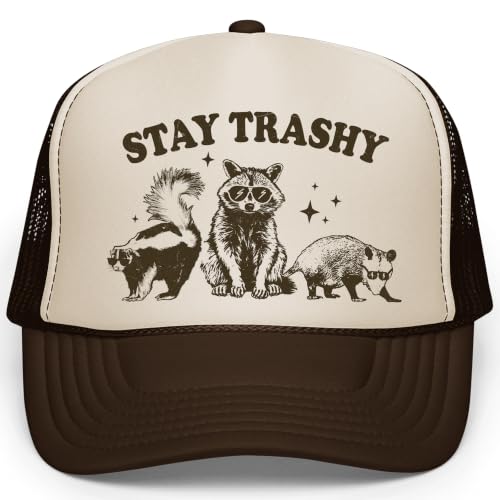 Image of Stay Trashy Funny Raccoon Graphic Classic 5 Panel Mesh Snap Back Trucker Hat
