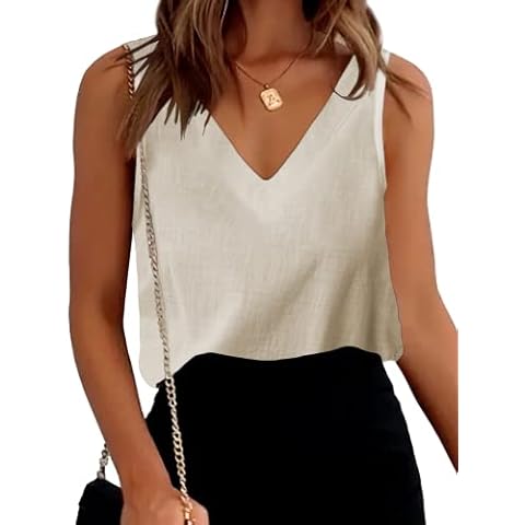Chigant Womens Shirts Cotton Summer Casual V Neck Sleeveless Linen Top Basic Camisole Tank Blouses Shirt Apricot Large Cover