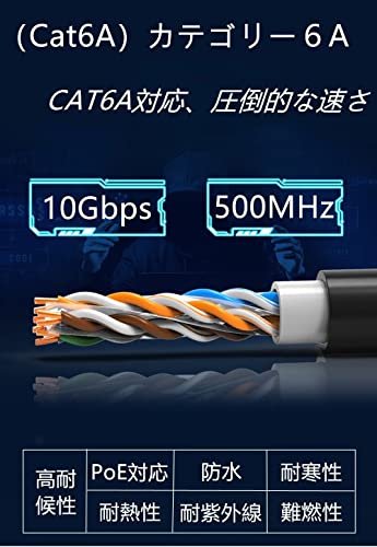 20M CAT6A 屋外 LANケーブル 屋外仕様 2重被覆 PoE対応 カテゴリー6A 屋外用 コネクタ付 インターネットケーブル 紫外線 難燃性 耐候性 高耐久 ケーブルクリップ付属 LAN配線 アウトドア 十字セパレーター 防水 ブラック