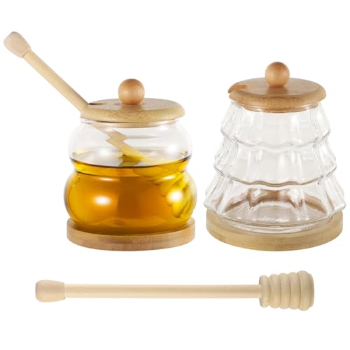 Set of 2 Glass Honey Jars with Wooden Lids, Dippers & Base, Wide Mouth Honey Containers for Syrups and Condiments (11 Oz & 14.2 Oz)