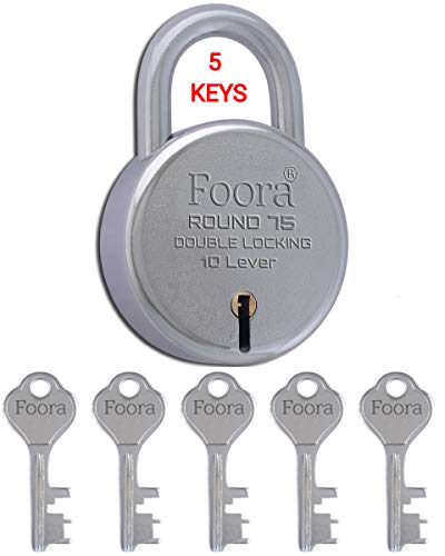 Foora Round 75mm Big Size Steel Lock with 5 Keys, 10 Lever, Double Locking (Silver) (Export in U.S.A, Canada, Mexico) (Round 75mm Big Lock)