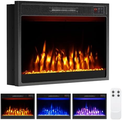 Tangkula 23” Electric Fireplace, 5,000 BTU Fireplace Insert with Remote Control, Crystal Stones, Adjustable Flame Color & Brightness, 1-8H Timer, Thermostat & Overheat Protection - Thumbnail 2