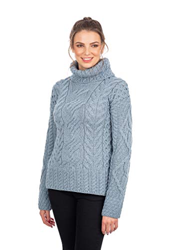 Image of SAOL 100% Super Soft Merino Wool Irish Cable Knit Turtleneck Women Sweater (Mist Marl, X-Large)