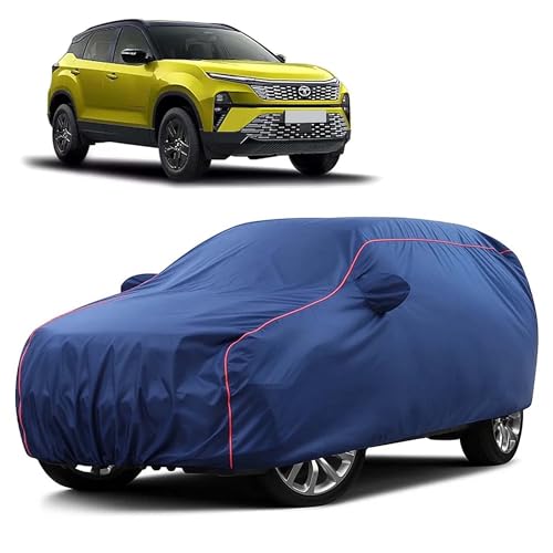 Image of Sulfar 100% Water Resistant Car Body Cover Compatible with Mirror for Tata Harrier (Triple Stitched, Full Bottom Elastic, Blue Taffeta with Red Piping)