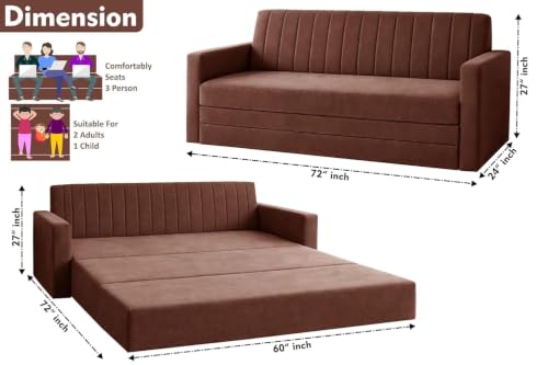Image of Deco Studio Three Seater Sofa Cum Bed for Living Room | Convertible Sofa Bed | Vertical Channel Backrest | Space Saving Sofa Sleeper for Home, Guest Room & Office-Brown
